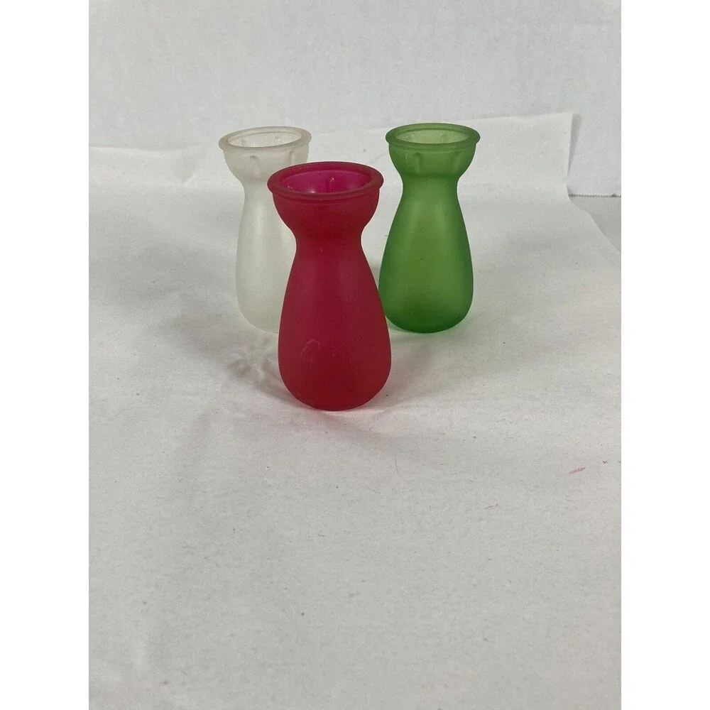 3 Bud Vases Red Pink, Frosted White Brilliant Green 4” Tall Cottagecore